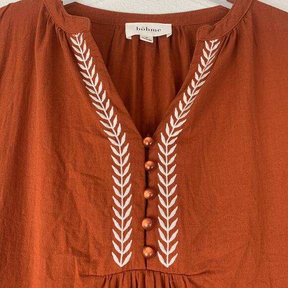 Bohme Top Women Small Rust Boho Prairie Blouse Flutter Sleeve Embroidered V-neck - Picture 2 of 8